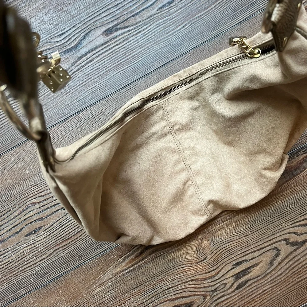 Vintage Hobo Sling Microsuede tan bag handbag bag charms flare studs embellished